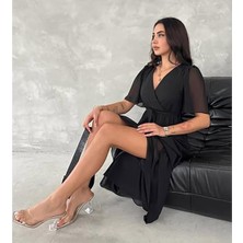 Hopeful Design Kruveze Kol Kuşaklı Fırfırlı Düz Şifon Elbise