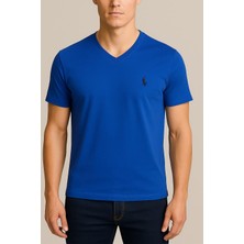 Erkek Saks Mavi V Yaka Regular Fit Basic Tişört C2T0N2O2