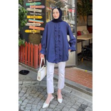 Lamelif Lacivert Flores Fırfırlı Tunik Uzun Dokuma Kumaş Oversize Hakim Yaka Kadın
