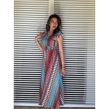 Equri Kadın Kısa Kollu V Yakalı Desenli Yandan Yırtmaçlı Süprem Elbise