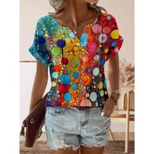 Passense Kadın Kısa Kollu V Yakalı Desenli Süprem Bluz