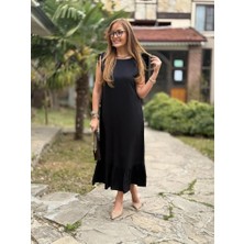 Nidam Butik Kadın Omuzlardan Büzgülü Kayık Yaka Fırfırlı Janjan Krep Elbise