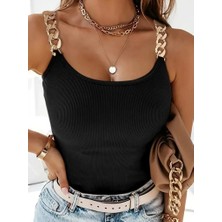Kadın Kolsuz Zincir Askılı Kaşkorse Bodycon Bluz