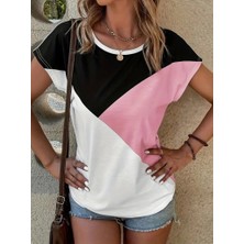 Kadın Bisiklet Yaka Üç Renk Viskon T-Shirt