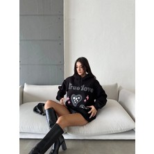 3 Iplik Şardonlu Oversize Compact True Baskılı Sweat Siyah