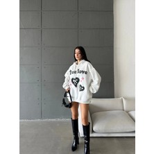 3 Iplik Şardonlu Oversize Compact True Baskılı Sweat Beyaz