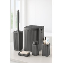 Lines Serisi Gri Banyo Seti, 5 Parça Akrilik Kare 5 Litre Çöp Kovası, Sabunluk, Fırçalık Takımı 3462