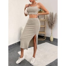 Ag Shoppings Kadın Kolsuz Askılı Crop Yırtmaçlı Midi Etek Fitilli Kaşkorse Takım