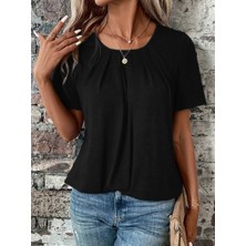 Arben Boutique Kadın Kısa Kollu Yuvarlak Yaka Önden Pileli Salaş Viskon Bluz