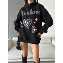 3 Iplik Şardonlu Oversize Compact True Baskılı Sweat Siyah