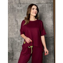 Kadın Kısa Kollu Bisiklet Yaka Viskon Iki Iplik Bluz ve Pantolon Ikili Takım