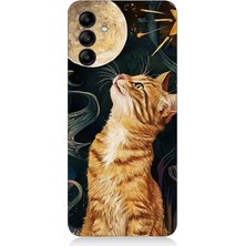 Samsung Galaxy A15 Uyumlu Aya Bakan Meraklı Kedi  Desenli Silikon Kılıf