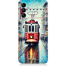 Samsung Galaxy A15 Uyumlu Yağmurlu Sokakta Kırmızı Tramvay  Desenli Silikon Kılıf