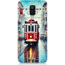 Samsung Galaxy A6 Uyumlu Yağmurlu Sokakta Kırmızı Tramvay  Desenli Silikon Kılıf