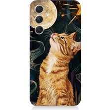 Samsung Galaxy A54 Uyumlu Aya Bakan Meraklı Kedi  Desenli Silikon Kılıf