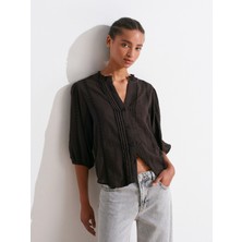 5807 Nervür Detaylı Balon Kol Gömlek-Koyu Kahve