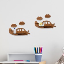 2'li Uçak Temalı Ahşap Duvar Rafı | Çocuk Odası Dekoru | 5 Renk | Mdf Raf Ünitesi Uçak Figürlü Dekor