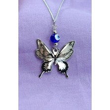 El Yapımı Cam Nazar Boncuklu Çelik Kelebek Figürlü Araba Dikiz Ayna Süsü