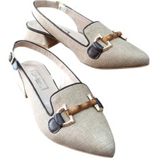 De Scarıo 593 Kadın Tokalı Keten Dokuma Kısa Topuklu Arka Açık Ayakkabı Vizon - Kahve