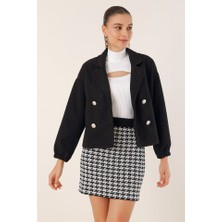 Gökyüzü Moda 9117 Kruvaze Yaka Crop Ceket - Siyah