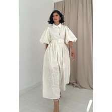 Gökyüzü Moda Ekru Pileli Balkon Elbise