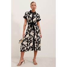 Gökyüzü Moda 2455 Desenli Gömlek Elbise - Siyah