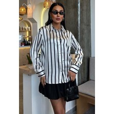 Gökyüzü Moda Ince Çizgili Saten Gömlek 3434