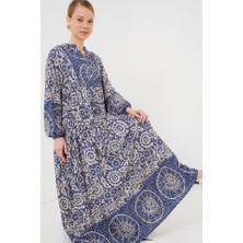Gökyüzü Moda 2423 Otantik Desenli Tesettür Elbise - Lacivert 7