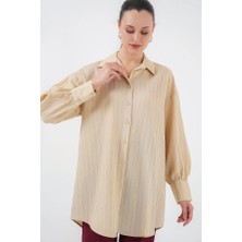 Gökyüzü Moda Çizgili Uzun Gömlek Tunik 5963 - Bej