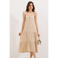 Gökyüzü Moda 2403 Askılı Midi Elbise - Krem