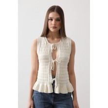 Gökyüzü Moda Önü Bağlamalı Yelek - Ekru