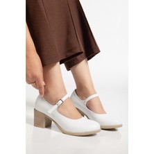 Kadın Hakiki Deri Bantlı Topuklu Ayakkabı - Beyaz