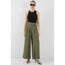 Gökyüzü Moda Geniş Paça Pileli Pantolon 6718 - Haki