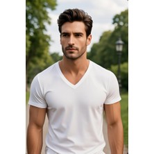 Beyaz Renk Erkek V Yakalı T-Shirt Likralı Pamuk Spor Tişört
