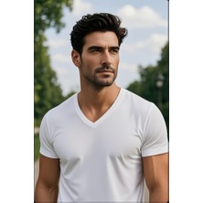 Beyaz Renk Erkek V Yakalı T-Shirt Likralı Pamuk Spor Tişört