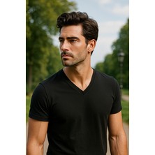 Siyah Renk Erkek V Yakalı T-Shirt Likralı Pamuk Spor Tişört