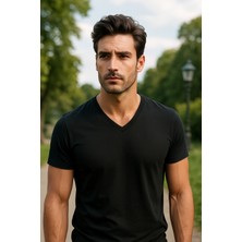 Siyah Renk Erkek V Yakalı T-Shirt Likralı Pamuk Spor Tişört