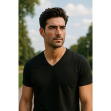 Siyah Renk Erkek V Yakalı T-Shirt Likralı Pamuk Spor Tişört
