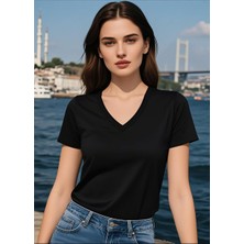 Kadın V Yakalı T-Shirt Pamuk Günlük Tişört