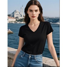 Kadın V Yakalı T-Shirt Pamuk Günlük Tişört