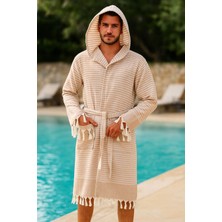 Kapşonlu Unisex Peştemal Plaj Bornozu %100 Pamuklu Seaside Stripe