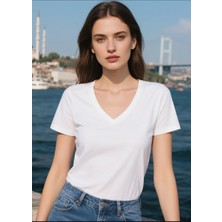 Kadın V Yakalı T-Shirt Pamuk Günlük Tişört