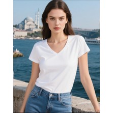 Kadın V Yakalı T-Shirt Pamuk Günlük Tişört