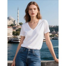 Kadın V Yakalı T-Shirt Pamuk Günlük Tişört