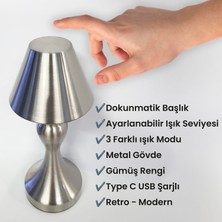 Upway Sarjlı Ayarlanabilir Işıklı 3 Modlu Retro Silver Metal Dokunmatik Fonksiyonel Masa Lambası