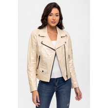 Deriderim Bej Merlot Çıt Çıt Detaylı Yandan Fermuarlı Biker Motorcu  Deri Kadın Mont