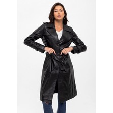 Deriderim Siyah Cassie Yırtmaçlı Astarlı Kemerli Trençkot Kadın Hakiki Deri Kaban