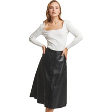 Siyah Kadın Kloş Hakiki Deri Etek