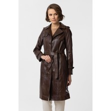 Kahve Cassie Yırtmaçlı Astarlı Kemerli Trençkot Kadın Hakiki Deri Kaban