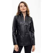 Deriderim Aden Fermuarlı Astarlı Belden Büzgülü Kadın Hakiki Deri Ceket